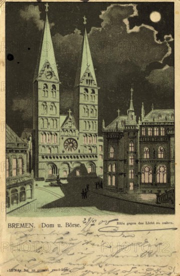 Historical postcard around 1900, Bremen, cathedral and stock exchange, Germany, reproduction of a postcard, historical