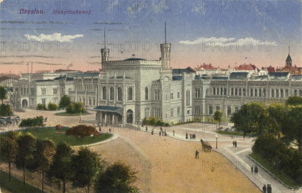 Historical postcard around 1900, Wroclaw main station, today Wroclaw, Lower Silesia, Poland, reproduction of a postcard, historical