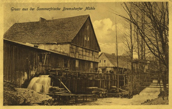 Historical postcard around 1900, summer holidays Bremsdorfer Mühle, Oder-Spree district, Brandenburg, Germany, reproduction of a postcard, historical