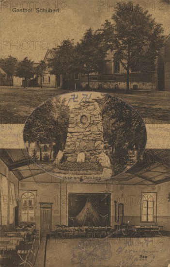 Bismarck monument and Gasthof Schubert in Briesen, Mark Brandenburg, Germany, reproduction of a postcard, historic