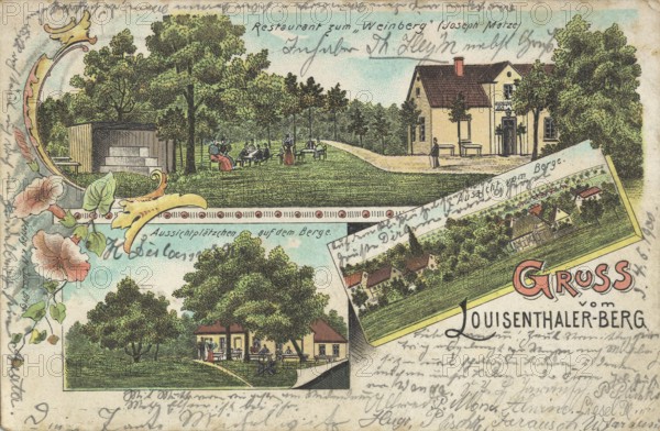 Historical postcard around 1900, greetings from Louisenthaler-Berg, various views around Louisenthaler-Berg, Brieg, today Brzeg, city in southwestern Poland in the Opole Voivodeship, reproduction of a postcard, historical