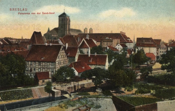 Historical postcard around 1900, Wroclaw, panorama of the Sand Island, today Wroclaw, Lower Silesia, Poland, reproduction of a postcard, historical