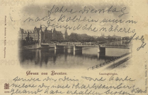 Historical postcard around 1900, The Lessing Bridge in Breslau, today Wroclaw, Lower Silesia, Poland, reproduction of a postcard, historical
