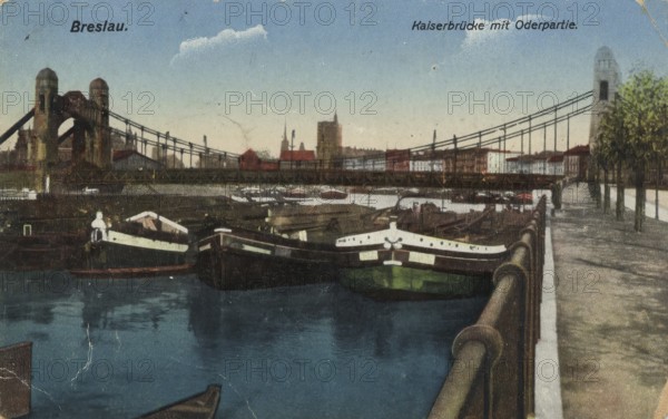 Historical postcard around 1900, Kaiserbrücke and Oder in Breslau, today Wroclaw, Lower Silesia, Poland, reproduction of a postcard, historical