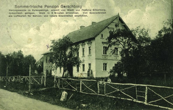 Historical postcard around 1900, Herzogswalde in the Eulengebirge near Silberberg, part of the Silesian Middle Sudetes in southwestern Poland, reproduction of a postcard, historical