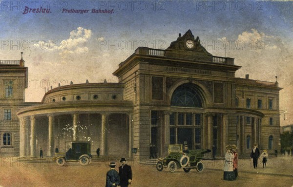 Historical postcard around 1900, Freiburg railway station in Breslau, today Wroclaw in Lower Silesia, Poland, reproduction of a postcard, historic