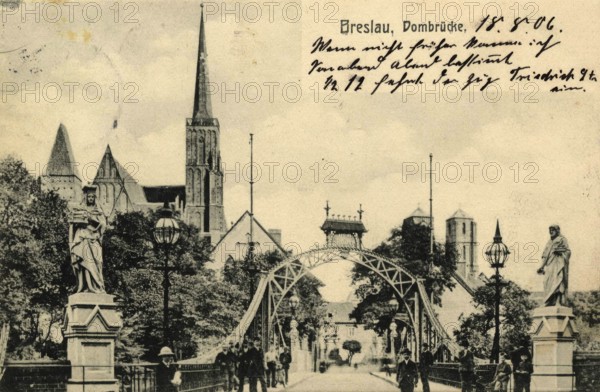 Historical postcard around 1900, cathedral bridge in Breslau, today Wroclaw, Lower Silesia, Poland, reproduction of a postcard, historical