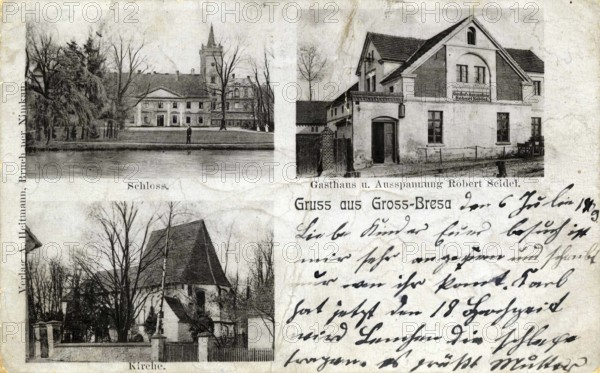 Historical postcard around 1900, Gross-Bresa, today Brzezina, Lower Silesian Voivodeship in Poland, reproduction of a postcard, historical