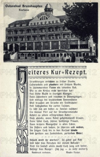 Historic postcard around 1900, Baltic resort Brunshaupten i.M., spa hotel, historic town on the Mecklenburg Baltic Sea coast, which merged with Arendsee and Fulgen in 1937 to form today's Baltic resort Kühlungsborn, Mecklenburg-Western Pomerania, Germany, reproduction of a postcard, historic