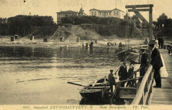 Historic postcard around 1900, Baltic resort Brunshaupten i.M., Hotel Strandperle, historic town on the Mecklenburg Baltic Sea coast, which merged with Arendsee and Fulgen in 1937 to form today's Baltic resort Kühlungsborn, Mecklenburg-Western Pomerania, Germany, reproduction of a postcard, historic