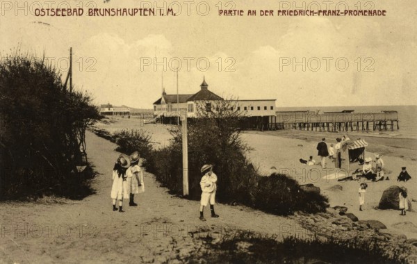 Historic postcard around 1900, Baltic resort Brunshaupten i.M., promenade, historic town on the Mecklenburg Baltic Sea coast, which merged with Arendsee and Fulgen in 1937 to form today's Baltic resort Kühlungsborn, Mecklenburg-Western Pomerania, Germany, reproduction of a postcard, historic