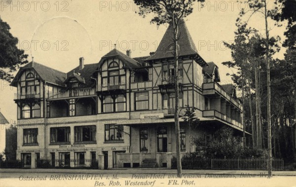 Historic postcard around 1900, Baltic resort Brunshaupten i.M., Hotel Dünenhaus, historic town on the Mecklenburg Baltic Sea coast, which merged with Arendsee and Fulgen in 1937 to form today's Baltic resort Kühlungsborn, Mecklenburg-Western Pomerania, Germany, reproduction of a postcard, historic