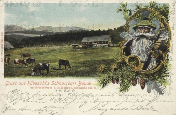 Historical postcard around 1900, greetings from Rübezahl' s Mustache Baude near Brückenberg in the Riesengebirge, historic mountain inn in Brückenberg, today Karpacz, Poland, reproduction of a postcard, historic