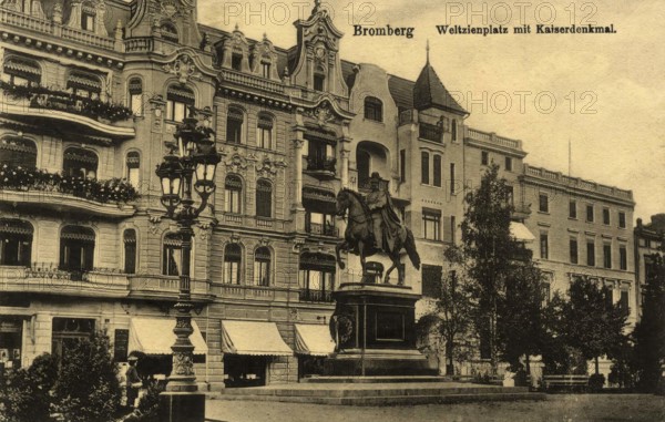 Historical postcard around 1900, Bromberg, Weltzienplatz with imperial monument, today Bydgoszcz, in the Polish Kujawsko-Pomorskie Voivodeship, Poland, reproduction of a postcard, historical