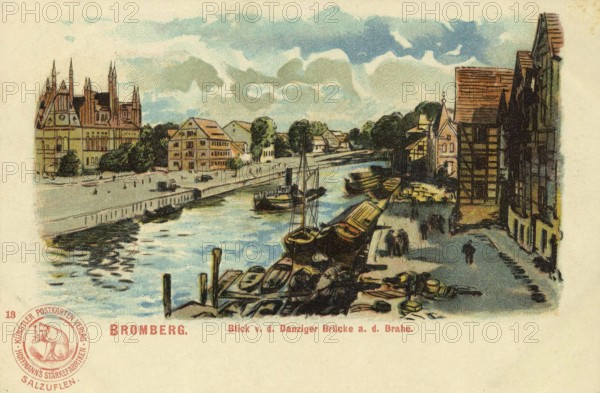 Historical postcard around 1900, Bydgoszcz, view of the Brahe from the Gdansk Bridge, today Bydgoszcz, in the Polish Kujawsko-Pomeranian Voivodeship, Poland, reproduction of a postcard, historical