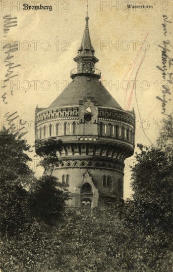 Historical postcard around 1900, Bromberg, water tower, today Bydgoszcz, in the Polish Kujawsko-Pomorskie Voivodeship, Poland, reproduction of a postcard, historical