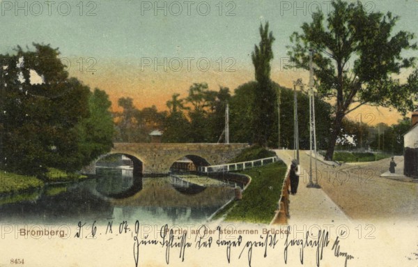Historical postcard around 1900, Bromberg, Stone Bridge, today Bydgoszcz, in the Polish Kujawsko-Pomeranian Voivodeship, Poland, reproduction of a postcard, historical