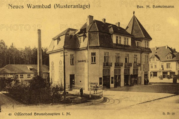 Historic postcard around 1900, Baltic resort Brunshaupten i.M, Neues Warmbad, historic town on the Mecklenburg Baltic Sea coast, which merged with Arendsee and Fulgen in 1937 to form today's Baltic resort Kühlungsborn, Mecklenburg-Western Pomerania, Germany, reproduction of a postcard, historic