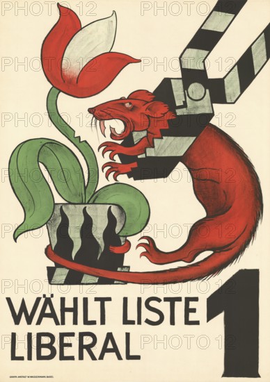 Otto Plattner (b. 29 June 1886, d. 20 October 1951), Swiss painter, graphic artist: Politics, election advertising, Wählt Liste 1, Liberal, 1927, Switzerland, Reproduction of a poster, Lively depiction with a red weasel, a stylised flower and a large pair of pliers, supporting the Liberals