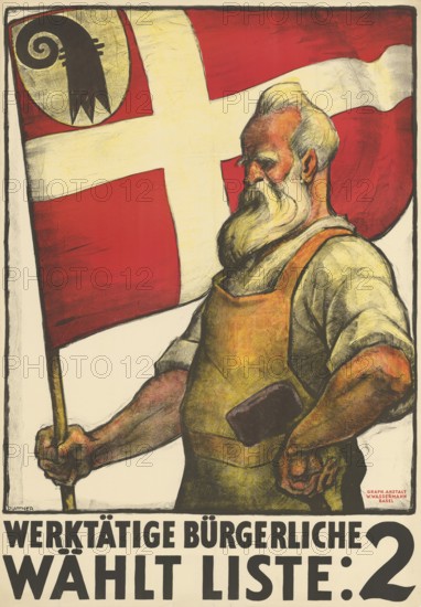 Otto Plattner (b. 29 June 1886, d. 20 October 1951), Swiss painter, graphic artist: Politics, election poster, Werktätige Bürgerliche Liste 2, Switzerland, 1922, reproduction of a poster, patriotic poster of a bearded man with a large flag, symbolising the working class, red and white theme