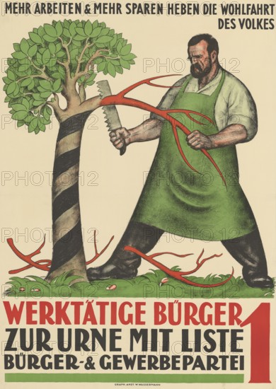 Otto Plattner (b. 29 June 1886, d. 20 October 1951), Swiss painter, graphic artist: politics, election poster, Working Citizens List 1, Citizens' Party, Trade Party, election appeal, 1923, Switzerland, reproduction of a poster, Strong man uprooting tree, symbolic of hard work and national progress, green, red