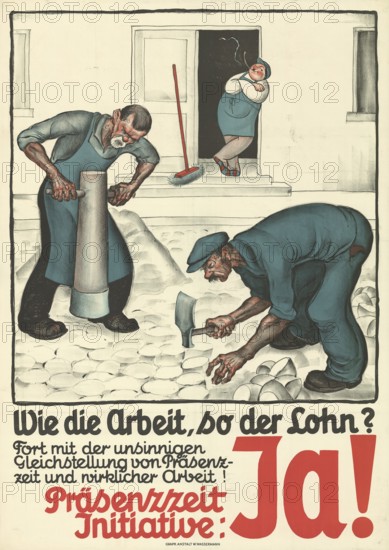 Otto Plattner (b. 29 June 1886, d. 20 October 1951), Swiss painter, graphic artist: politics, economy, attendance time initiative Yes, Like work like wages, Switzerland, 1929, reproduction of a poster, protest poster for an initiative to equalise working hours and real work, with working craftsmen