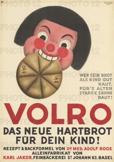 Otto Plattner (b. 29 June 1886, d. 20 October 1951), Swiss painter, graphic artist: Economy, advertising, Volro, the new hard bread for your child, Jakob bakery from Basel, 1935, Switzerland, reproduction of a poster, advertising poster for hard bread as a children's product with a childish smile and a large loaf of bread in the foreground