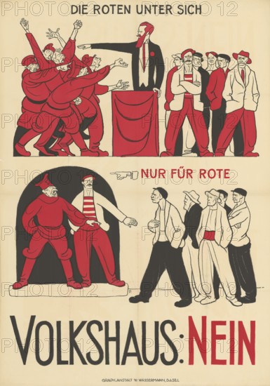 Otto Plattner (b. 29 June 1886, d. 20 October 1951), Swiss painter, graphic artist: Politics, Protest, Volkshaus Nein, 1923, Switzerland, reproduction of a poster, Political poster with groups of people in red and black positioning themselves in an assembly