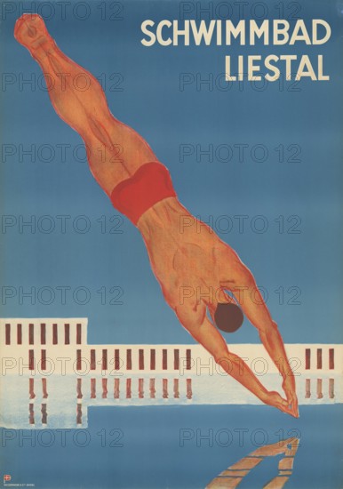 Otto Plattner (b. 29 June 1886, d. 20 October 1951), Swiss painter, graphic artist: Advertising, Liestal swimming pool, 1934, Switzerland, reproduction of a poster, sporty poster of a diver in red swimming trunks with a modern swimming pool in the background
