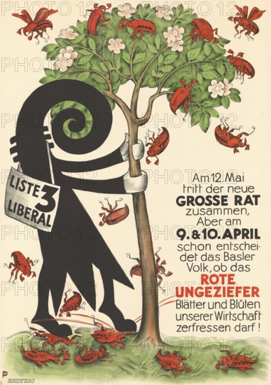 Otto Plattner (b. 29 June 1886, d. 20 October 1951), Swiss painter, graphic artist: politics, protest, election advertising, List 3 Liberal against the red vermin, 1923, Switzerland, reproduction of a poster, political caricature with snail and insects on a tree, political poster