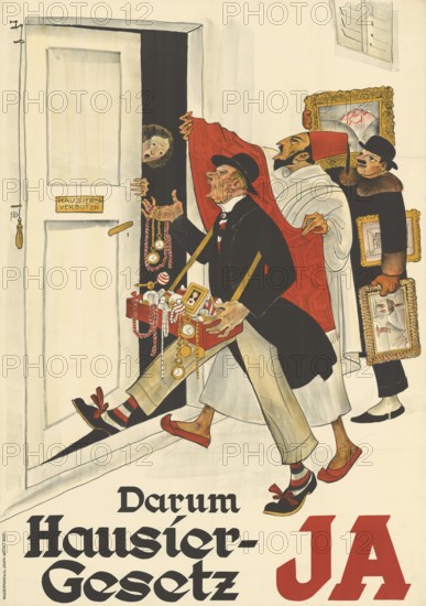 Otto Plattner (b. 29 June 1886, d. 20 October 1951), Swiss painter, graphic artist: Politics, trade, fraud, peddling law Yes, 1934, Switzerland, reproduction of a poster, humorous depiction of a salesman entering a sales ban, on a poster about the adaptation of the law