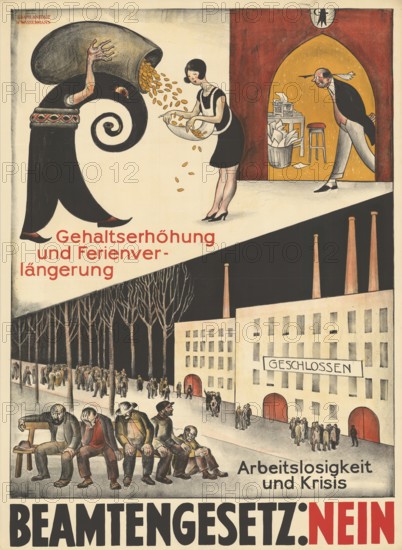 Otto Plattner (b. 29 June 1886, d. 20 October 1951), Swiss painter, graphic artist: Politics, Protest, Civil Service Law No, Waste of Taxes, 1927, Switzerland, Reproduction of a poster, Satirical poster showing grievances caused by inflation and unemployment in the 1920s
