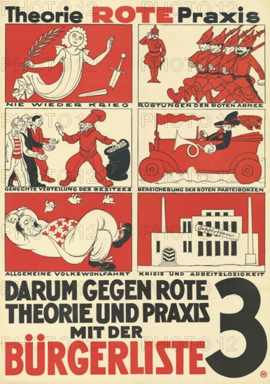 Otto Plattner (b. 29 June 1886, d. 20 October 1951), Swiss painter, graphic artist: election advertising, politics, red practice, against red theory with the Citizens' List 3, 1925, Switzerland, reproduction of a poster, graphics against pro-war theories and red army with support for the Citizens' List, in red colour scheme