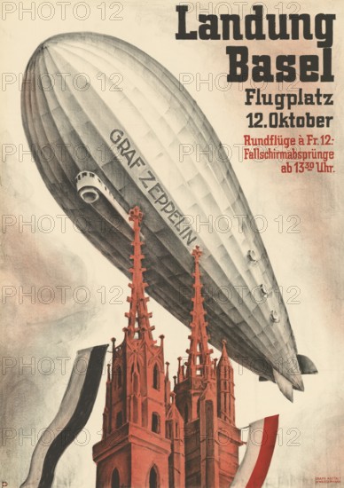 Otto Plattner (born 29 June 1886, died 20 October 1951), Swiss painter, graphic artist: event, Graf Zeppelin, landing in Basel, 1930, Switzerland, reproduction of a poster, Graf Zeppelin flies over Basel, poster shows travel details and symbolises progress in the 1920s