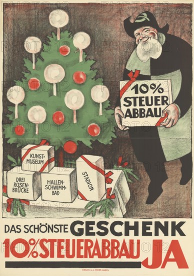 Otto Plattner (born 29 June 1886, died 20 October 1951), Swiss painter, graphic artist: Politics, tax reduction, Christmas present, 10% tax reduction, Yes, 1930, Switzerland, reproduction of a poster, Christmas tree with presents for tax reduction, as a humorous political message