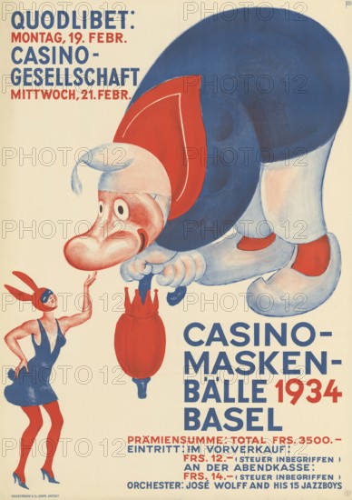 Otto Plattner (born 29 June 1886, died 20 October 1951), Swiss painter, graphic artist: event, advertising, Casino masked balls in Basel, 1934, Switzerland, reproduction of a poster, Humorous poster for masked balls 1934 in Basel with carnival motifs in blue and red