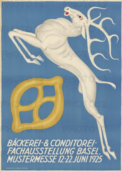 Otto Plattner (b. 29 June 1886, d. 20 October 1951), Swiss painter, graphic artist: advertising, event, bakery exhibition Basel, 1925, Switzerland, reproduction of a poster, A surreal white stag with a pretzel on a blue background from an exhibition in 1925, Jumping stag and pretzel on a poster for a bakery exhibition in Basel in 1925