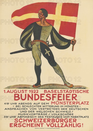 Otto Plattner (b. 29 June 1886, d. 20 October 1951), Swiss painter, graphic artist: Event, Basel city federal celebration for Swiss citizens, 1922, Switzerland, reproduction of a poster, historical poster for the Basel federal celebration of 1922 with flag and event information in red and white