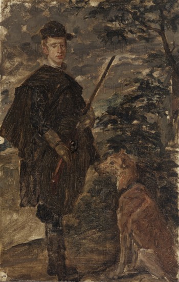 Gustave Vanaise, actually Gustavus Antonius Maria Van Aise (b. 4 October 1854, d. 20 July 1902), Belgian portrait, genre and nude painter: portrait of the Cardinal Infante don Fernando after Diego Rodriguez de Silva y Velázquez (19th century), Portrait of the Cardinal Infante don Fernando after Diego Rodriguez de Silva y Velázquez (19th century), authentic, digitally restored reproduction from a 19th century model, exact date unknown. century), authentic, digitally restored reproduction from a 19th century model, exact date of depiction unknown, historical, man in hunter's clothing with dog, posing outside, serious expression