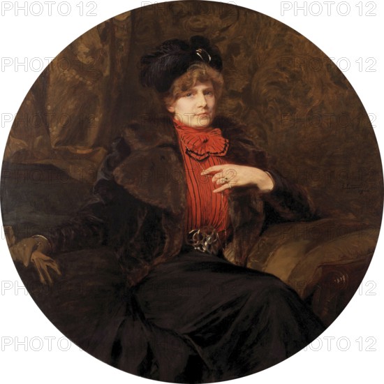 Gustave Vanaise, actually Gustavus Antonius Maria Van Aise (b. 4 October 1854, d. 20 July 1902), Belgian portrait, genre and nude painter: portrait of the Artist Ketty Gilsoul-Hoppe (1900), Portrait of the Artist Ketty Gilsoul-Hoppe (1900), authentic, digitally restored reproduction from a 19th century original, exact date of depiction unknown, Historical, Elegant woman in red dress and fur, sitting stylishly on sofa