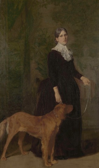 Gustave Vanaise, actually Gustavus Antonius Maria Van Aise (b. 4 October 1854, d. 20 July 1902), Belgian portrait, genre and nude painter: portrait of Marie De Coster, the Artist's Wife (1888), Portrait of Marie De Coster, the Artist's Wife (1888), authentic, digitally restored reproduction from a 19th century original, exact date of depiction unknown, historical, woman in Victorian dress, holding a dog by the chain
