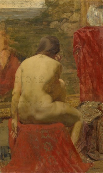 Gustave Vanaise, actually Gustavus Antonius Maria Van Aise (b. 4 October 1854, d. 20 July 1902), Belgian portrait, genre and nude painter: Model (1890), authentic, digitally restored reproduction from a 19th century model, exact date of depiction unknown, Historical, Seated woman from behind, nude, surrounded by red cloths