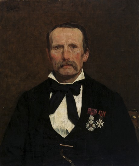 Gustave Vanaise, actually Gustavus Antonius Maria Van Aise (b. 4 October 1854, d. 20 July 1902), Belgian portrait, genre and nude painter: portrait of Jacob Wiemer (1883), authentic, digitally restored reproduction from a 19th century model, exact date of depiction unknown, historical, man with moustache in elegant clothing, wearing medals, serious expression