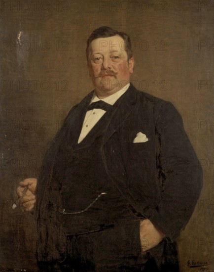 Gustave Vanaise, actually Gustavus Antonius Maria Van Aise (born 4 October 1854, died 20 July 1902), Belgian portrait, genre and nude painter: portrait of a Man (1893), Portrait of a Man (1893), authentic, digitally restored reproduction from a 19th century original, exact date of depiction unknown, Historical, A man in a suit holds a cigarette and shows a relaxed expression. Classic portrait