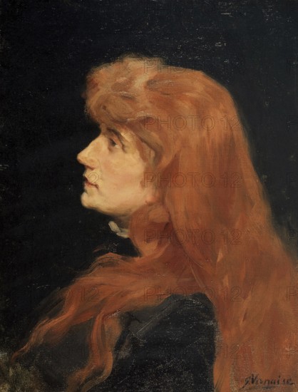 Gustave Vanaise, actually Gustavus Antonius Maria Van Aise (b. 4 October 1854, d. 20 July 1902), Belgian portrait, genre and nude painter: portrait of Anna Rodenbach, the Wife of the Poet Georges Rodenbach (19th century), Portrait of Anna Rodenbach, the Wife of the Poet Georges Rodenbach (19th century), authentic, digitally restored reproduction from a 19th century model, exact date unknown, historical, woman with long red hair in profile, pensive expression. century), authentic, digitally restored reproduction from a 19th century original, exact date of depiction unknown, historical, woman with long red hair in profile, pensive expression