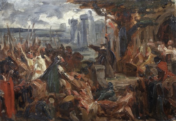 Gustave Vanaise, actually Gustavus Antonius Maria Van Aise (b. 4 October 1854, d. 20 July 1902), Belgian portrait, genre and nude painter: Peter the Hermit Preaching the First Crusade (19th century), authentic, digitally restored reproduction from a 19th century original, exact date of depiction unknown, historical, A chaotic battle scene in front of a castle, heroes, and historical atmosphere dominate the picture