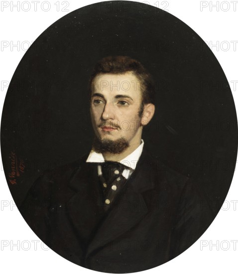 Gustave Vanaise, actually Gustavus Antonius Maria Van Aise (born 4 October 1854, died 20 July 1902), Belgian portrait, genre and nude painter: portrait of a Man (1876), Portrait of a Man (1876), authentic, digitally restored reproduction from a 19th century original, exact date of depiction unknown, historical, portrait of a man in a dark suit against a black background. A serious expression is visible