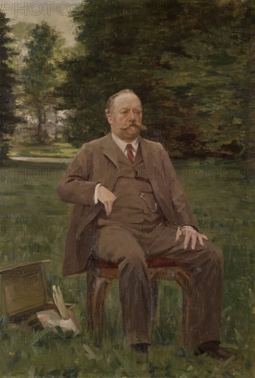 Gustave Vanaise, actually Gustavus Antonius Maria Van Aise (born 4 October 1854, died 20 July 1902), Belgian portrait, genre and nude painter: Fernand Scribe in his Garden (1899), Fernand Scribe in his Garden (1899), authentic, digitally restored reproduction from a 19th century original, exact date of depiction unknown, Historical, A man in a suit sits on a chair outdoors, surrounded by trees. The expression is thoughtful