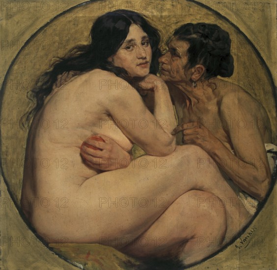 Gustave Vanaise, actually Gustavus Antonius Maria Van Aise (b. 4 October 1854, d. 20 July 1902), Belgian portrait, genre and nude painter: Eve The Temptation (19th century), authentic, digitally restored reproduction from a 19th century model, exact date of depiction unknown, historical, Two persons in a round picture frame, one seated and nude. Expression of intimacy and thoughtfulness
