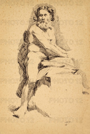 Gustave Vanaise, actually Gustavus Antonius Maria Van Aise (born 4 October 1854, died 20 July 1902), Belgian portrait, genre and nude painter: Seated Male Nude (19th century), authentic, digitally restored reproduction from a 19th century model, exact date of depiction unknown, historical, drawing of a pensive older man